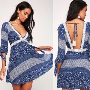 Adler Blue and White Print Crochet Lace Dress